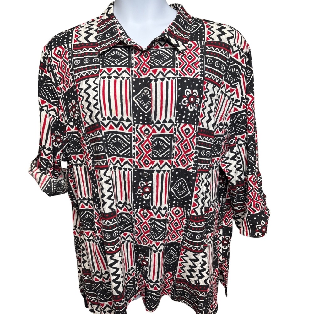 LIZ & ME Black‎ Red Geometric Button Up Shirt Sz 2X Art To Wear Eclectic Casual